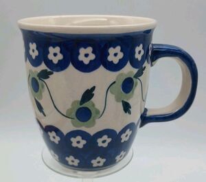Polish Boleslawiec Green Blue Floral Mug Hand Painted 3.75” Tall